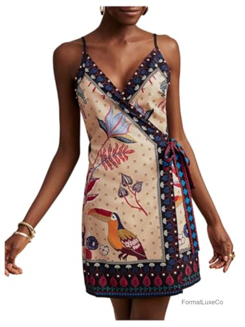 RoseSeek Tropical Print Wrap Dress Sleeveless V-Neck Mini Vacation Boho Dress